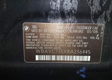 2008 BMW 328Xi из США, поврежденный, VIN WBAVC735X8A236445